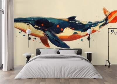 A stylized whale illustration, highlighting unique shapes and bold colors to create a modern and artistic look. Wall mural