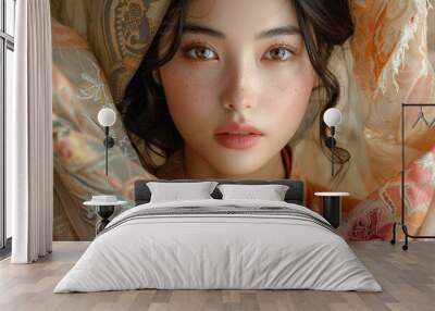 A vintage portrait showcasing the beauty and cultural heritage of traditional Asian attire. Wall mural