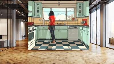 A vintage-style illustration of a person washing dishes in a retro kitchen. Wall mural