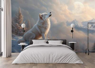 A wolf howling at the full moon, surrounded by its pack, with a mystical moonlit forest setting. Wall mural