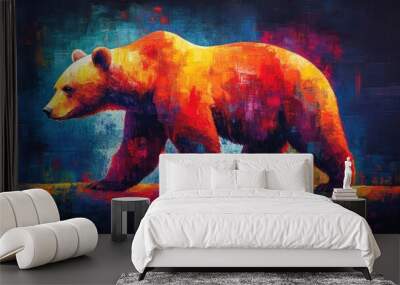 Abstract, a bear silhouette with geometric forms, bold contrasts, and a dynamic flow of vibrant colors. Wall mural