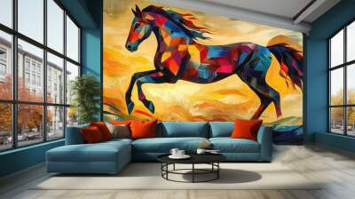 Abstract, a horse silhouette with geometric forms, bold contrasts, and a dynamic flow of vibrant colors. Wall mural