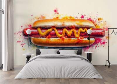 An abstract hot dog illustration, focusing on shapes and colors rather than realistic representation. Wall mural