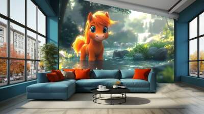 Cartoon art style, a playful horse character with exaggerated features, bright colors, and a whimsical setting. Wall mural