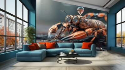 Close-up of scorpion with monocle and hourglass. Wall mural