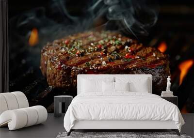 Creates a dramatic and evocative image of a steak being cooked over an open flame, appealing to the primal senses.  Wall mural