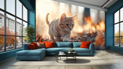 Dramatic cat making its way through a smoky, fiery forest, its fur standing out against the intense flames and heat of the backdrop. Wall mural