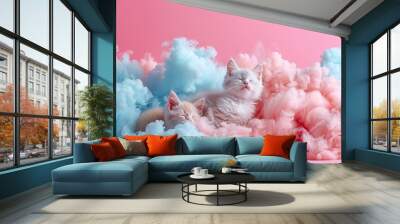 Dramatic scene of kittens emerging from smoke in luminous outfits for a disco party. Wall mural