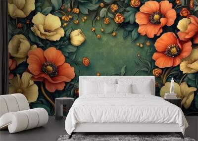 Flower garden in Art Nouveau style with flowing lines, ornate patterns, and elegant details of flowers, vines, and natural elements. Wall mural