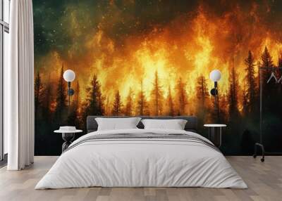 Forest fire shown in surreal style, creating an imaginative and dreamlike interpretation of the blaze with fantastical and otherworldly elements. Wall mural