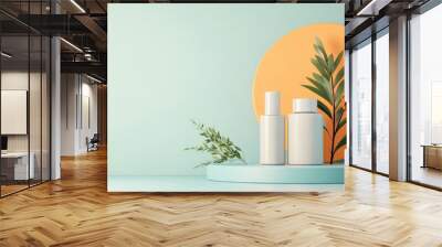 Geometric podium with bold botanical print, showcasing minimalist skincare products. Wall mural