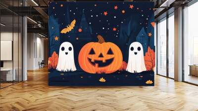 Halloween in flat design, bold colors, clean lines, modern pumpkins, minimalistic ghosts, vibrant style. Wall mural