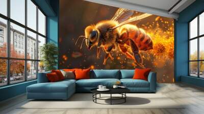 Honeybee collecting pollen from a flower. Wall mural