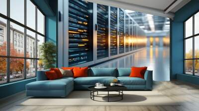 Modern data center with server racks, sleek high-tech environment with glass walls and reflective floors. Wall mural