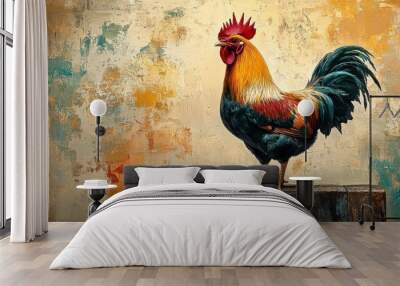 Oil painting style, a chicken depicted with rich, textured brushstrokes, capturing its natural plumage and vibrant colors in a classic and detailed manner. Wall mural