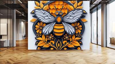 Paper Art-style honeycomb design featuring bees, detailed and creative, isolated on white background. Wall mural