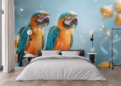 Parrots in funky costumes perching on a birthday cake. Wall mural