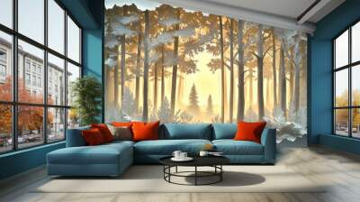 Pine forest depicted in paper art style, featuring layered cut-outs and intricate designs to create a detailed, textured portrayal of the trees and foliage. Wall mural