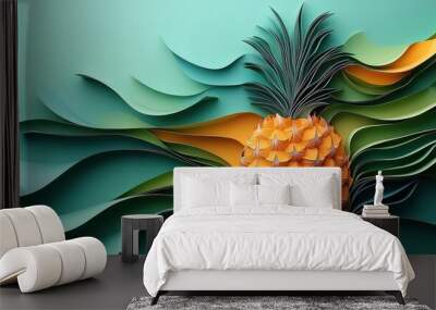 Pineapple illustrated in a paper art style with intricate cutouts and layered textures for a vibrant, dimensional look. Wall mural