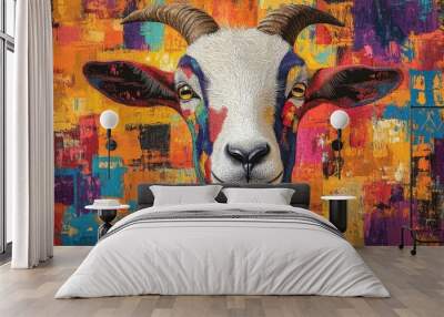 Playful, Textured pattern, a goat adorned with lively, colorful patterns and dynamic textures in a vibrant, creative composition. Wall mural