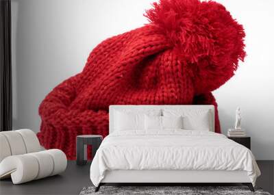 Red Knit Wool Hat with Pom Pom isolated on white background Wall mural