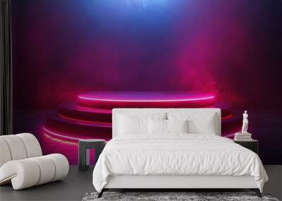 Retro-futuristic synthwave style black podium with neon highlights and vibrant effects. Wall mural