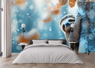 Sloth climbing snow-covered tree, fur blending with snowy landscape, creating serene, peaceful winter scene. Wall mural