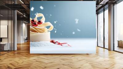 Snow podium with swirling confetti, presenting festive pasta in a crisp, elegant winter scene. Wall mural