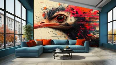 Stylized, an ostrich illustrated with distinctive color contrasts and artistic lines, presenting a contemporary design with a unique and creative flair. Wall mural