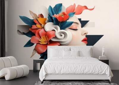 Stylized illustration of a modern headpiece with bold colors and geometric shapes. Wall mural