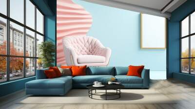 Surreal dreamscape with melting wall, floating armchair, and crooked frame. Wall mural