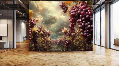 Surreal vision of grapes blending dreamlike and fantastical elements in an unusual setting. Wall mural