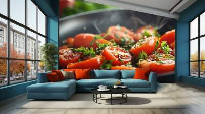 Tomato prepared in a kitchen with herbs and spices, showcasing a flavorful dish. Wall mural