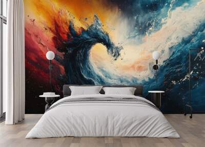 Tornado in abstract expressionism style with bold colors, chaotic forms, and intense motion. Wall mural