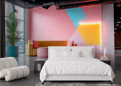 Trendy photo zone with a colorful geometric mural, neon lights, and funky props for dynamic photo shoots. Wall mural