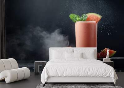 Tropical smoothie on a black podium with swirling smoke effects. Wall mural