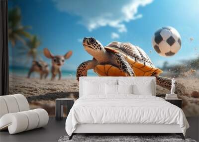 Turtle playing football with animals, vibrant and playful scene. Wall mural