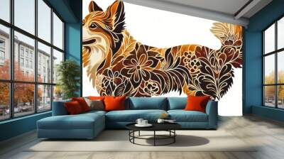 Welsh Corgi depicted in Art Nouveau style, featuring intricate lines and floral patterns that complement its distinctive shape and elegant stance. Wall mural