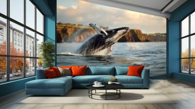 Whale breaching the surface, adorned with iridescent pearls. Wall mural