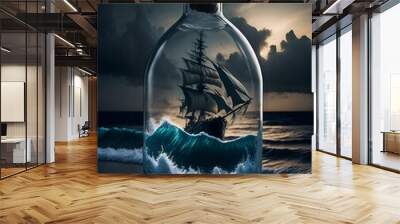 A stormy sea enclosed in a glass bottle with a sailing ship Wall mural