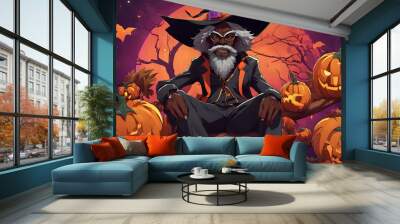 Spooky Halloween illustration featuring a sorcerer with bats against a dark, autumn night background with a full moon Wall mural