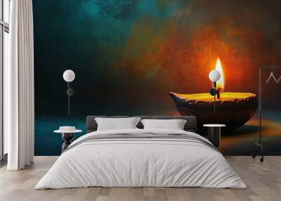 A beautifully lit traditional oil lamp with a vibrant flame against a colorful artistic background, symbolizing light and hope. Wall mural