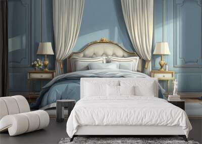 A bedroom with a large bed and two nightstands. The bed is covered in blue sheets and pillow Wall mural