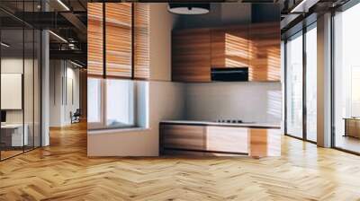 A contemporary kitchen featuring sleek wooden cabinets, large windows with blinds, and modern lighting fixtures, bathed in natural sunlight. Wall mural