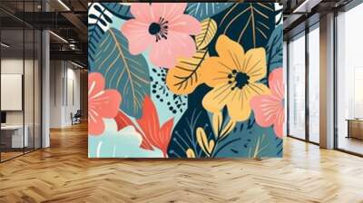 A lively and colorful floral pattern featuring various flowers and leaves in a modern artistic style. Perfect for backgrounds, textiles, and design projects. Wall mural