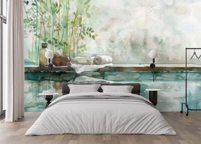 A painting of a pool with a towel and a vase of flowers. The mood of the painting is calm and relaxing Wall mural