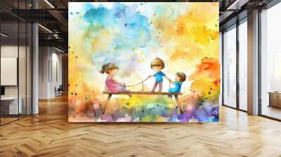 A painting of three children playing on a bench Wall mural