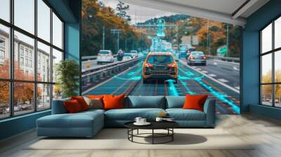 A self-driving car navigates a busy highway, highlighted by a digital overlay showcasing advanced navigation and safety technology. Wall mural