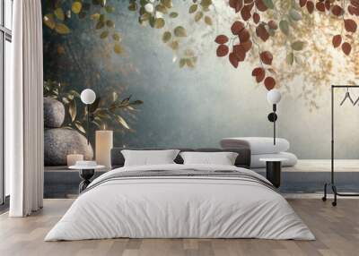 A serene and calming scene with a stone bench, candles, and two white towels Wall mural