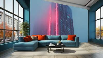 A single skyscraper with neon lights, surrounded by ample copy space. Wall mural